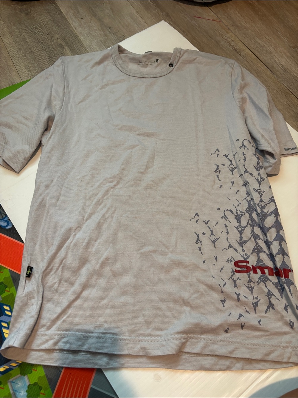 Smartwool Men’s Light Gray Short Sleeve Crew Tee with Navy Graphic and Red Logo